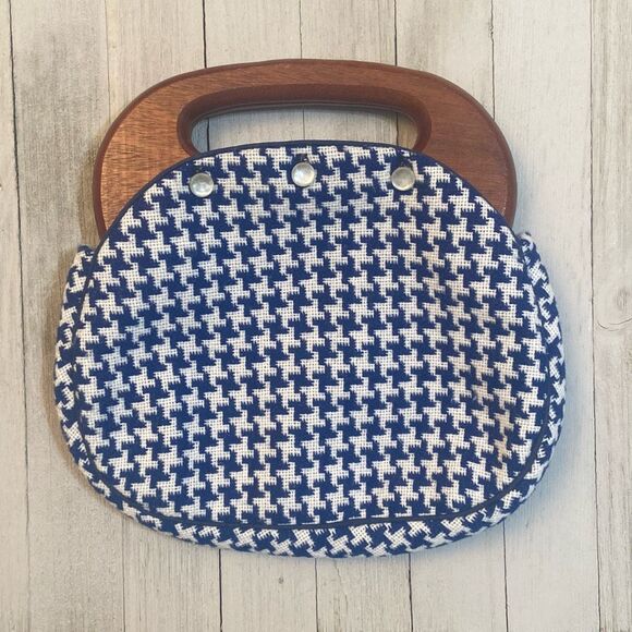 Vintage Wooden Handle Bermuda Bag Purse Navy White Houndstooth Iridescent Button - Picture 1 of 10
